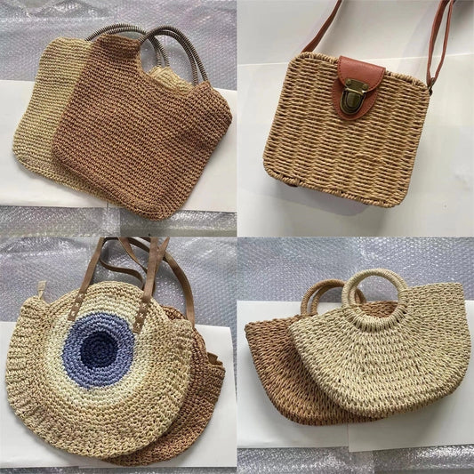 women's straw solid color vintage style beach square hidden buckle handbag