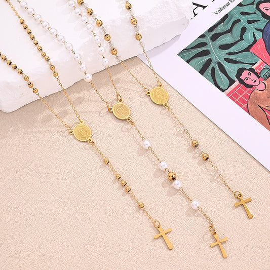 Jewelry Classical Vintage Style Cross Virgin Mary Pearl 304 Stainless Steel 18K Gold Plated Beaded Handmade Polishing Necklace