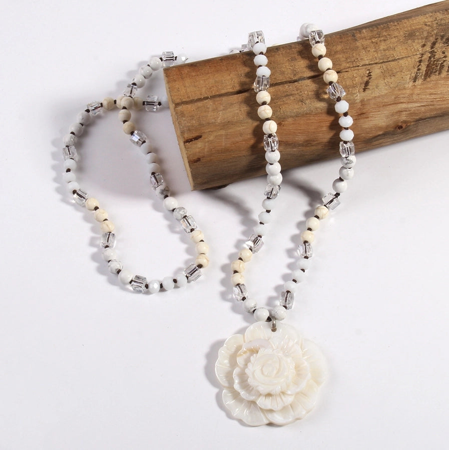 Retro Flower Semi-precious stone Glass Shell  Sweater Chain In Bulk Natural stone necklace