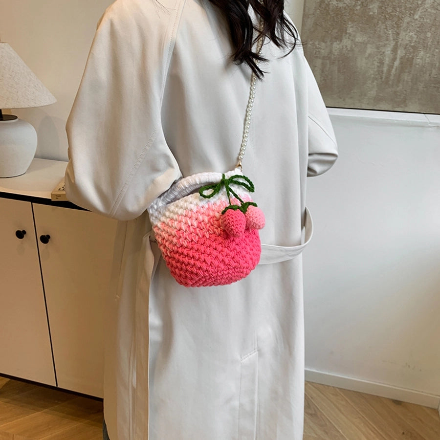 Women's Small Fabric Strawberry Basic Classic Style Bucket Open Crossbody Bag