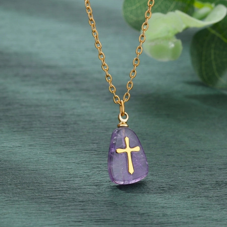 Classical Vintage Style Simple Style Cross 304 Stainless Steel natural stone Pendant Necklace In Bulk