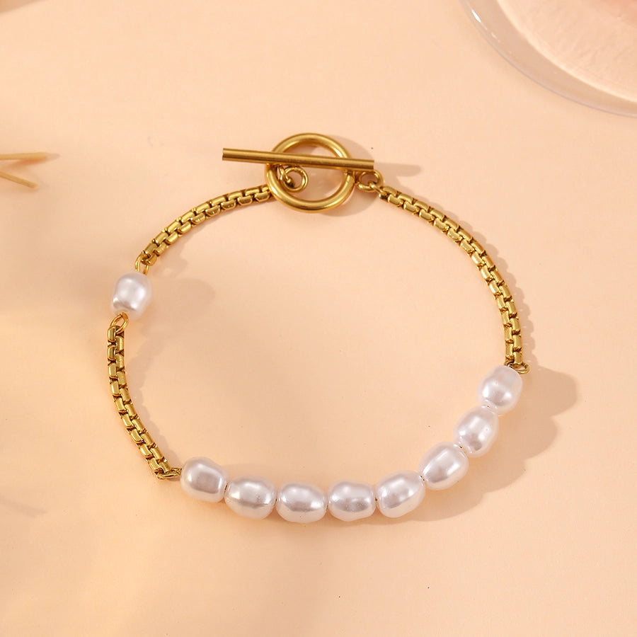 Jewelry Elegant Simple Style Heart Shape Titanium Steel 18K Gold Plated Layered Pearl Bracelets Necklace