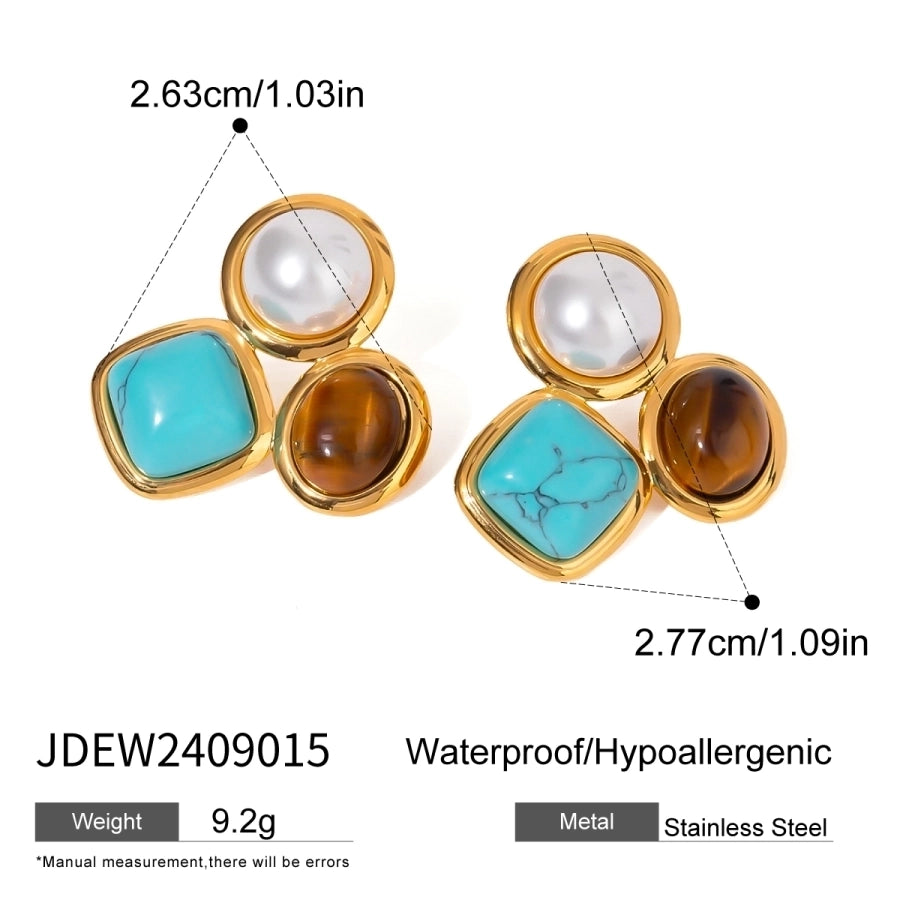 Jewelry Retro Round Square Oval 304 Stainless Steel Imitation Pearl Turquoise Tiger Eye Plating Inlay Rings Earrings