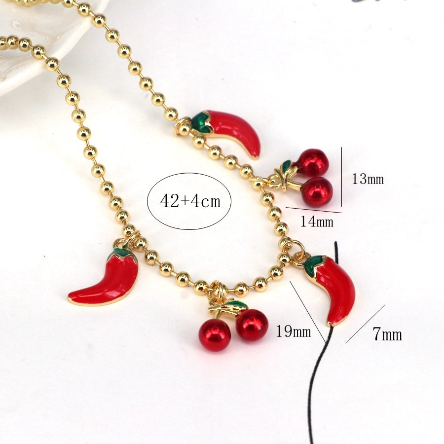 Copper Paperclip Chain ball chain Gold Plated Cherry Pendant Necklace