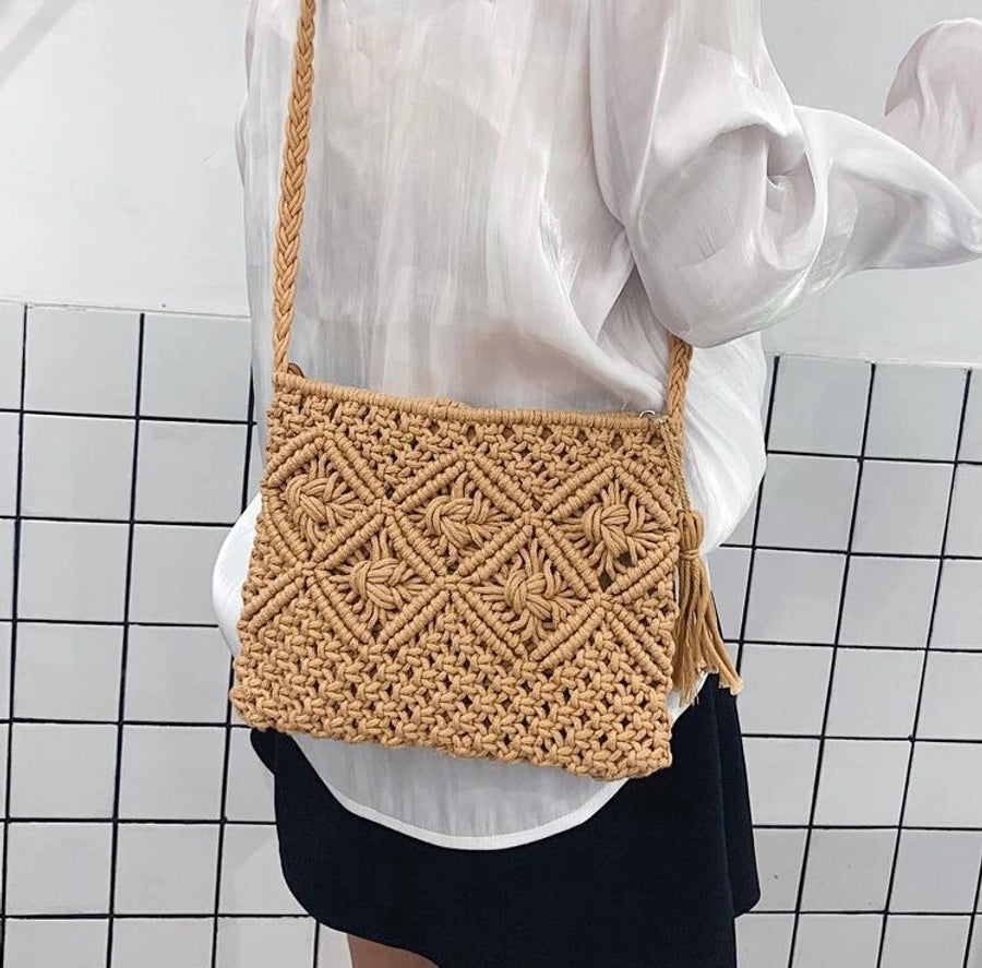 Women'S Small Straw Solid Color Beach Zipper Crossbody Bag