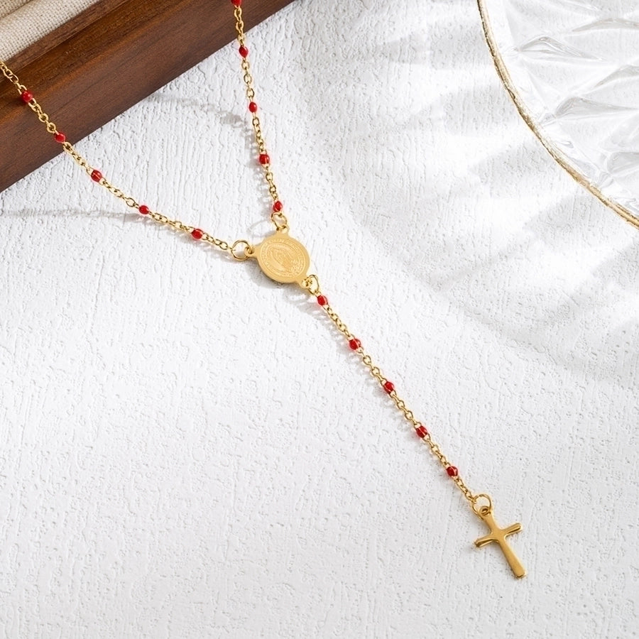 Jewelry Elegant Classical Cross Virgin Mary Priest Stainless Steel Beaded 18K Gold Plated Plating Necklace