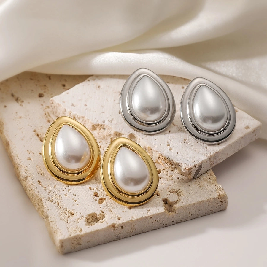 1 Pair Retro Simple Style Water Droplets Plating Inlay 304 Stainless Steel Pearl 18K Gold Plated Ear Studs