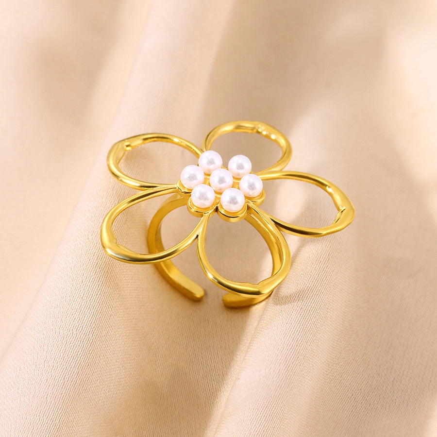 Jewelry Casual Vintage Style Streetwear Flower 304 Stainless Steel Artificial Pearls 18K Gold Plated Inlay Open Rings