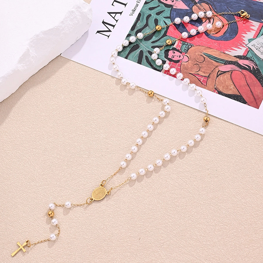 Jewelry Classical Vintage Style Cross Virgin Mary Pearl 304 Stainless Steel 18K Gold Plated Beaded Handmade Polishing Necklace