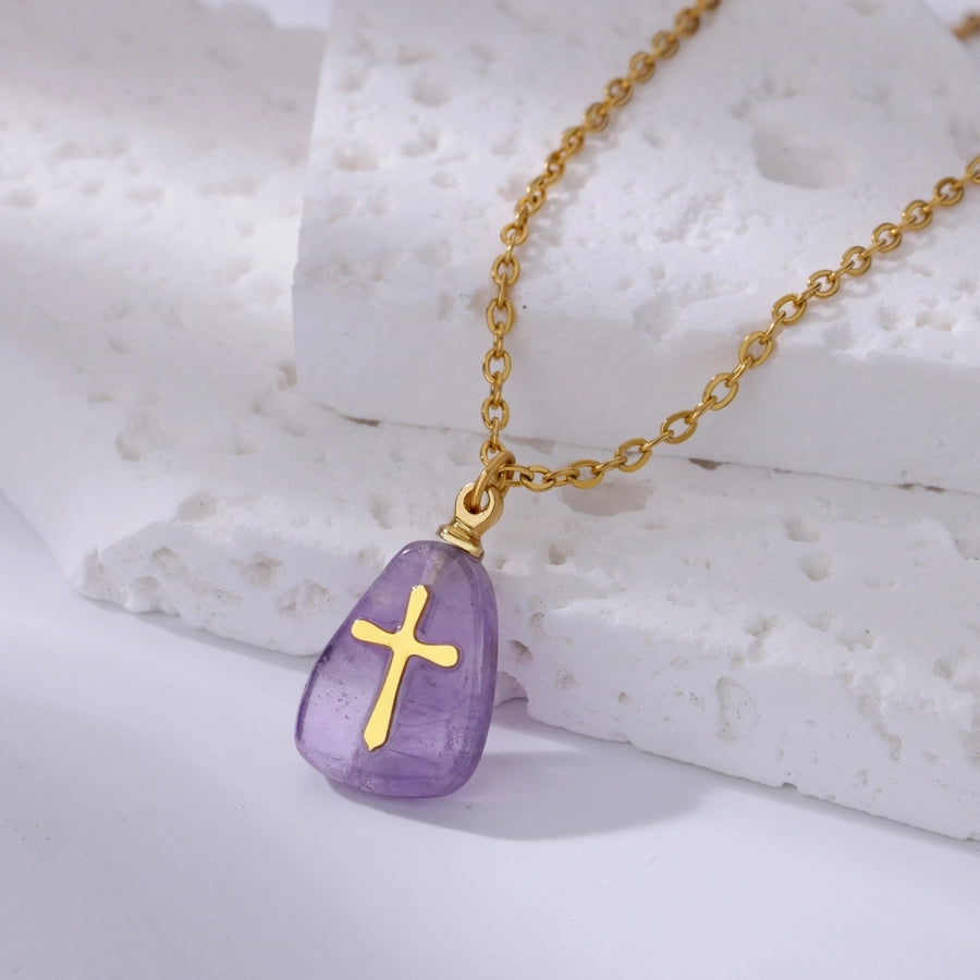 Classical Vintage Style Simple Style Cross 304 Stainless Steel natural stone Pendant Necklace In Bulk