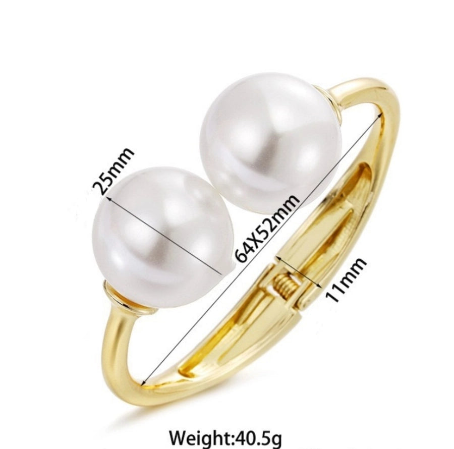 Europe and America  Fashion Trend Open-Ended Bracelet Metal Texture Pearl Design Bracelet