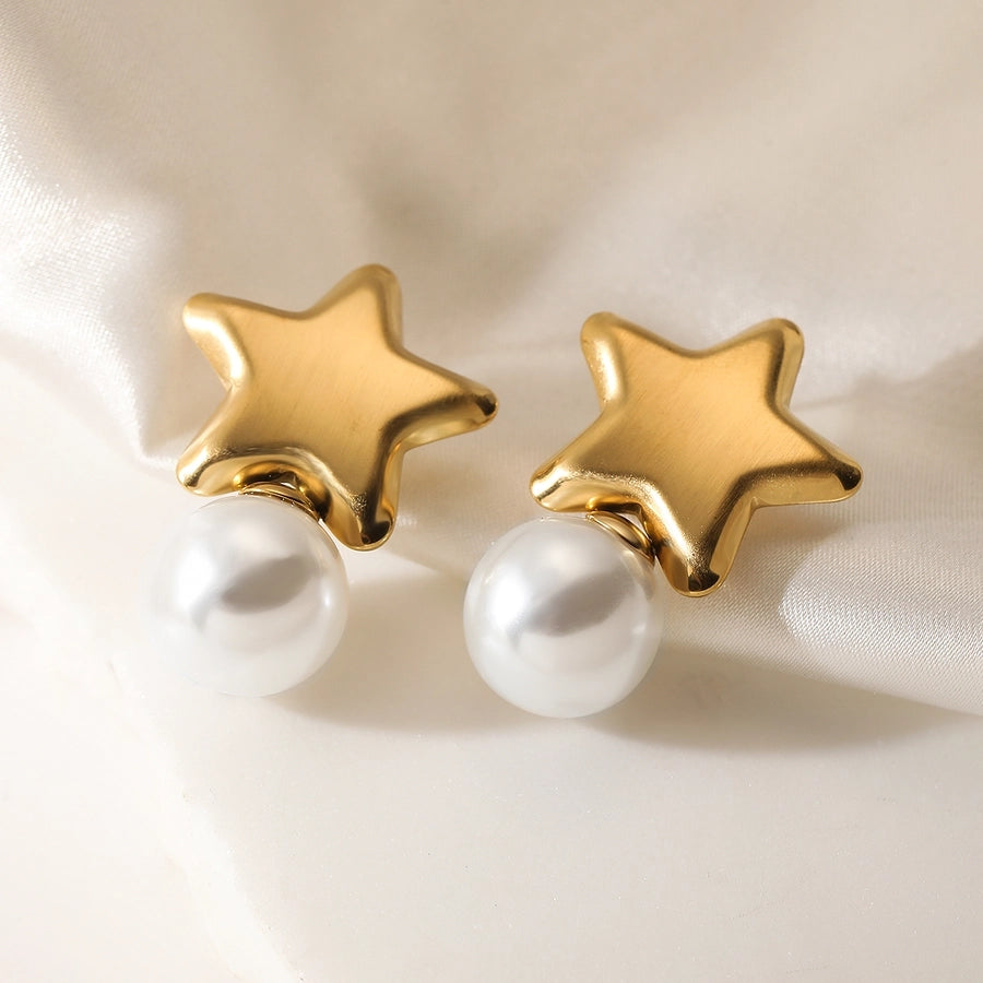 1 Pair Retro Pentagram Plating Inlay 304 Stainless Steel Artificial Pearls 18K Gold Plated Drop Earrings