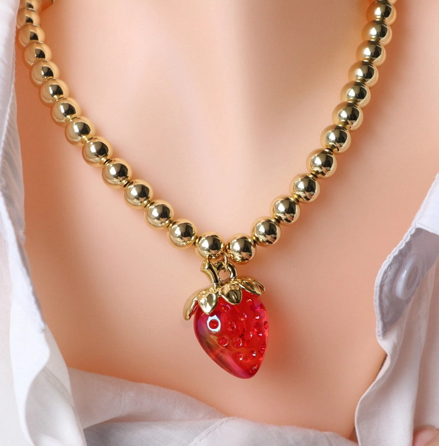 Resin Copper 18K Gold Beaded Chain 18K Gold Plated Cherry Strawberry Pendant Necklace