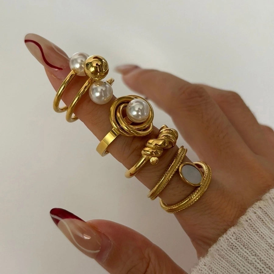 Jewelry Classic Style Commute Solid Color 304 Stainless Steel Shell Shell pearls 18K Gold Plated Inlay Open Rings