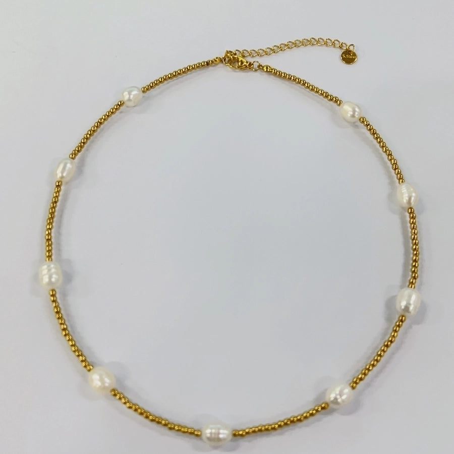 ig style sweet oval stainless steel freshwater pearl beaded handmade 18k gold plated necklace