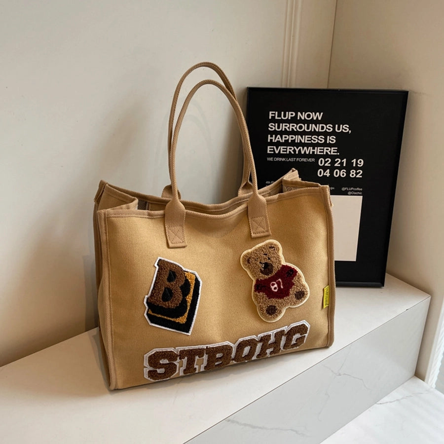 Women's Large Canvas Letter Bear Elegant Classic Style Streetwear Sewing Thread Square Zipper Tote Bag