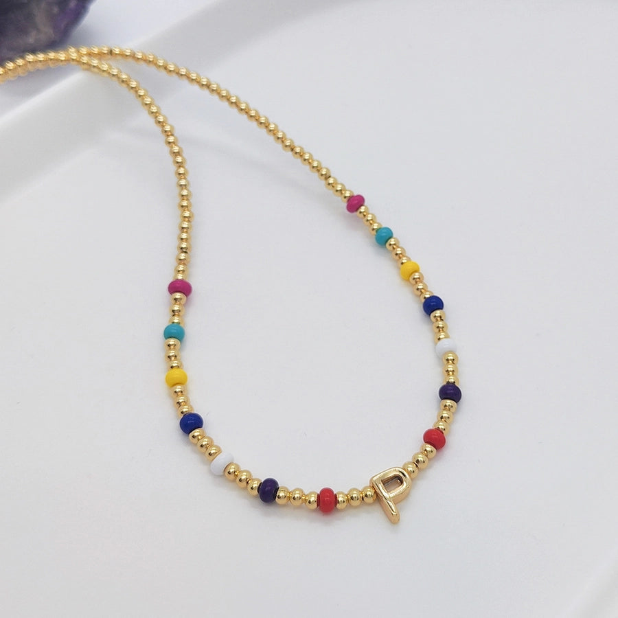 ig style simple style letter glass copper beaded knitting plating 18k gold plated necklace