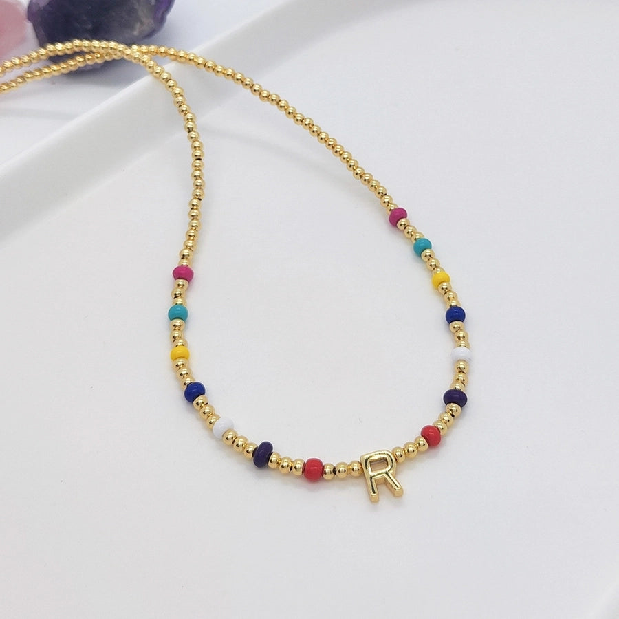 ig style simple style letter glass copper beaded knitting plating 18k gold plated necklace