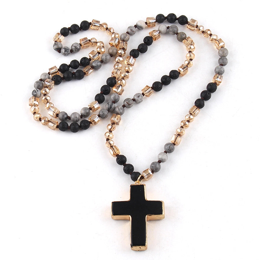 fashion bohemian style necklace natural stone mixed glass cross sweater chain necklace