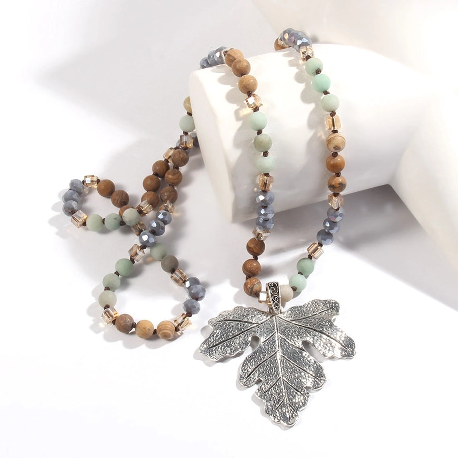 Retro Leaf Alloy natural stone Glass  Pendant Necklace Sweater Chain In Bulk Natural stone necklace