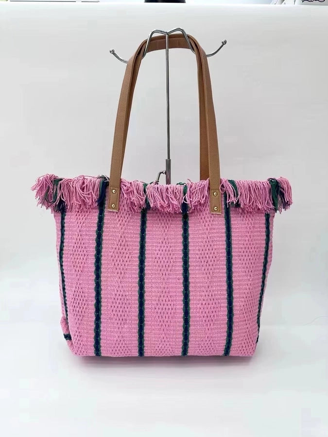 Women's Cotton Stripe Classic Style Tassel Square Magnetic Buckle Tote Bag