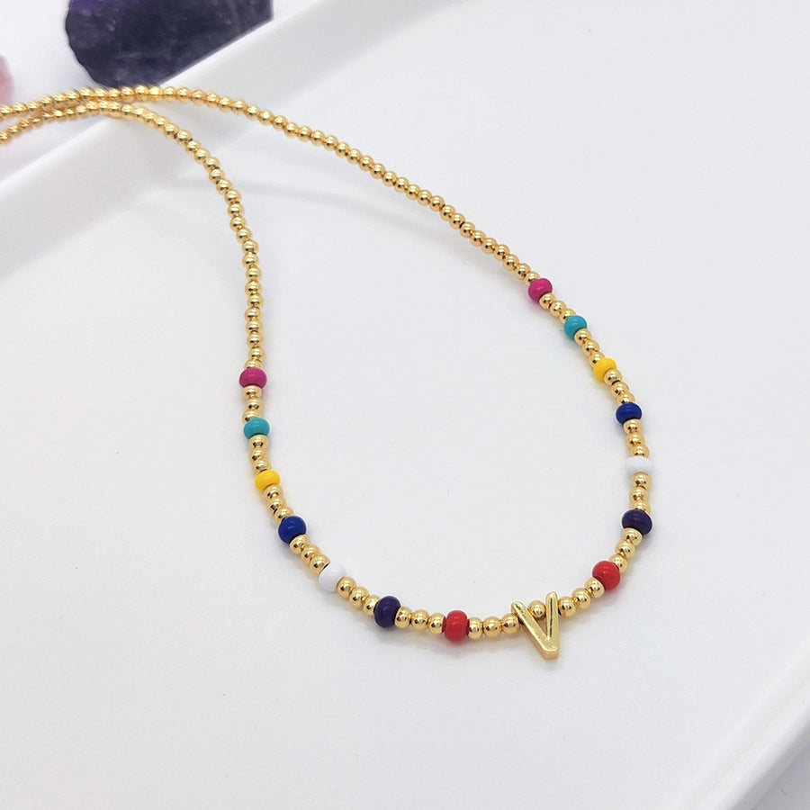 ig style simple style letter glass copper beaded knitting plating 18k gold plated necklace