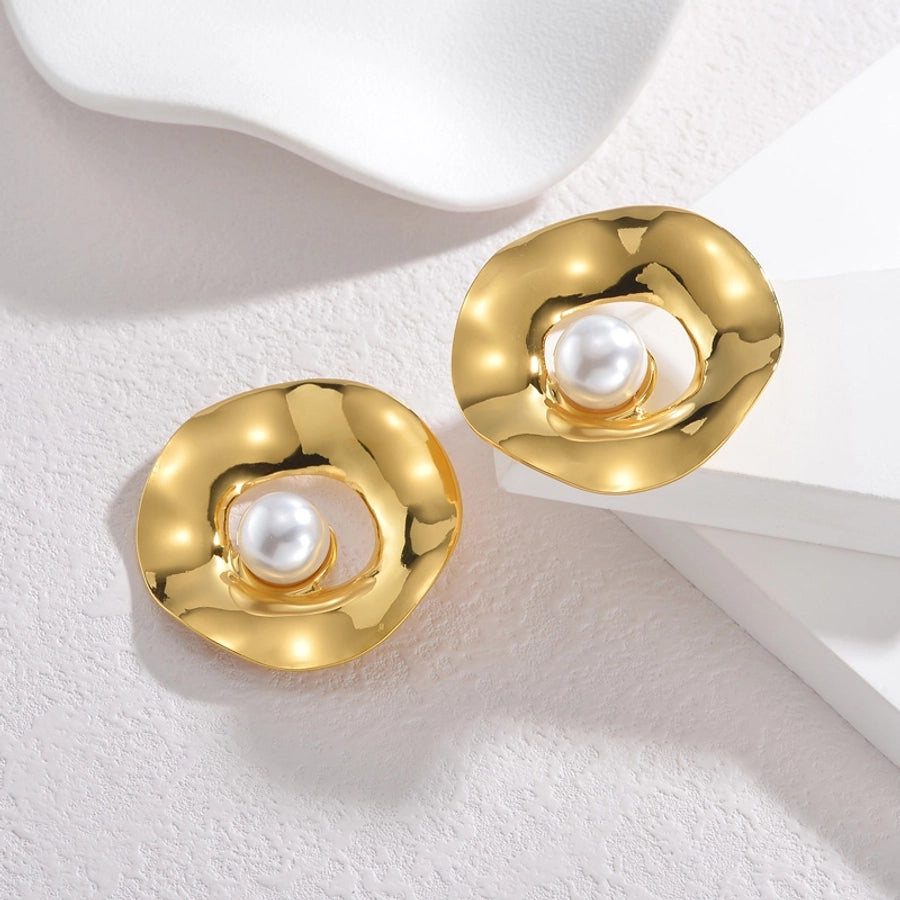 1 Piece Exaggerated Geometric Coral Flower Plating Inlay 304 Stainless Steel Pearl 18K Gold Plated Ear Studs