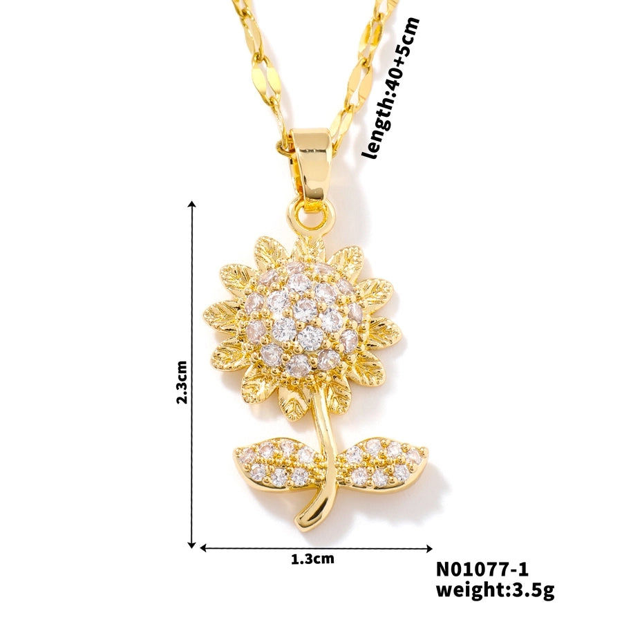 304 Stainless Steel Copper K Gold Plated Rhodium Plated Three-dimensional Inlay Sunflower Zircon Pendant Necklace