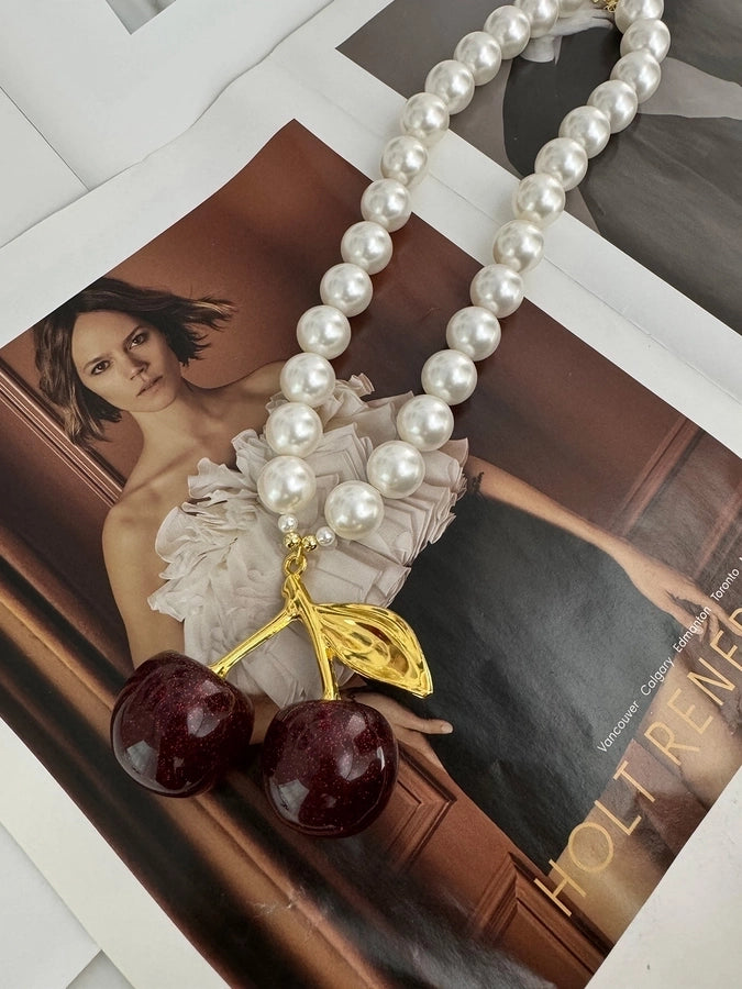 Cute Oversized Cherry Pearl 18K Gold Plated Artificial Pearl Glass Brass Beaded Chain Statement Necklaces