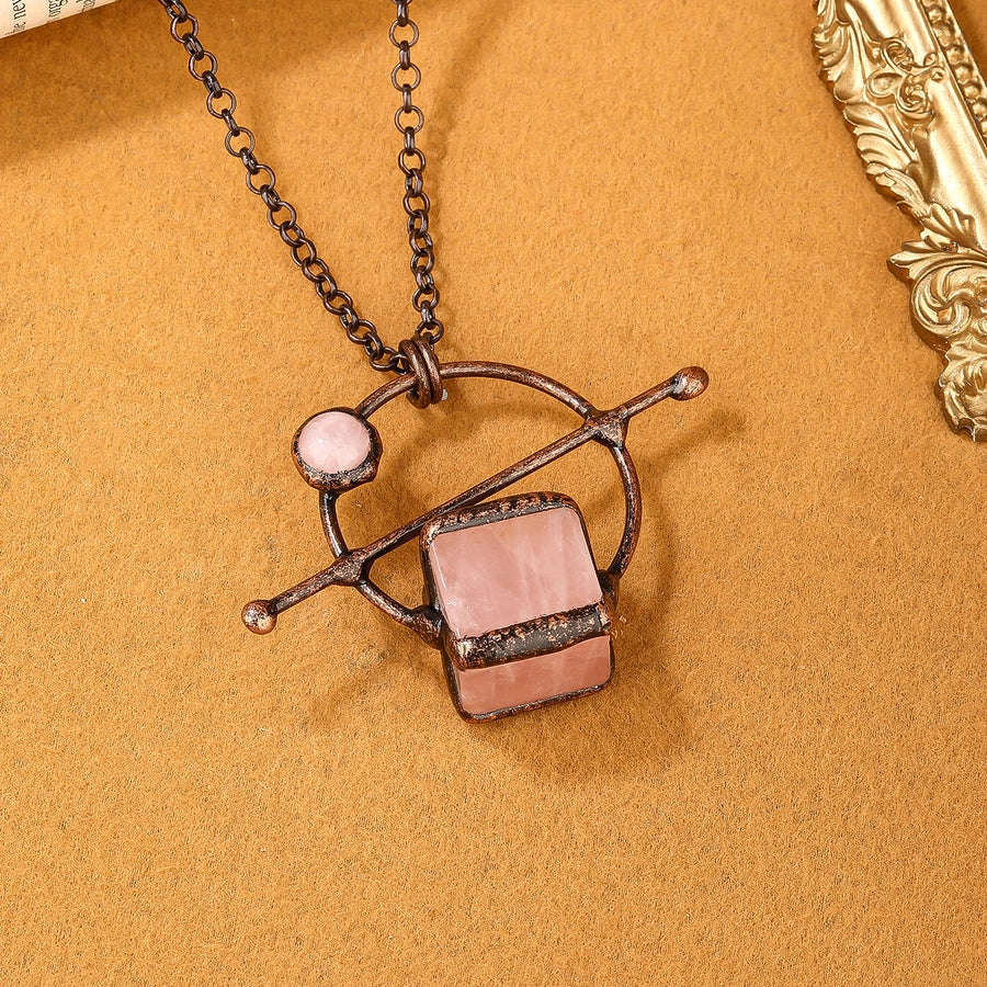 Rose Quartz Copper Irregular Natural Stone Pendant Necklace