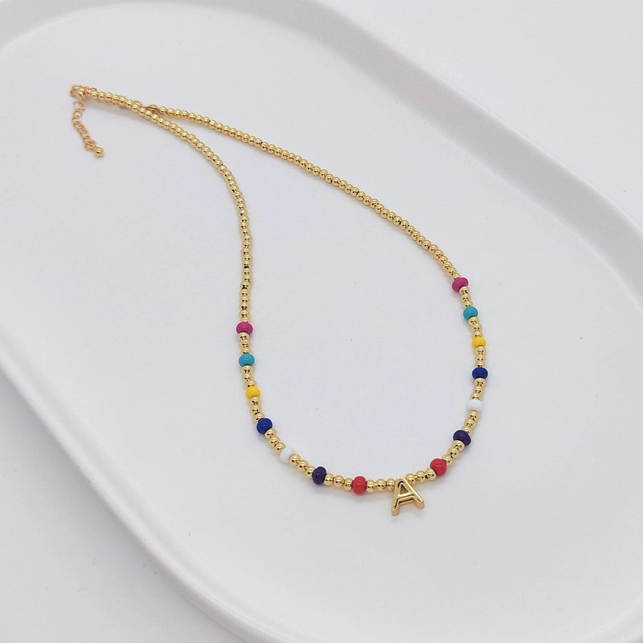 ig style simple style letter glass copper beaded knitting plating 18k gold plated necklace