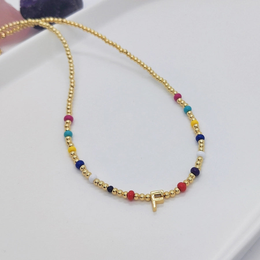 ig style simple style letter glass copper beaded knitting plating 18k gold plated necklace