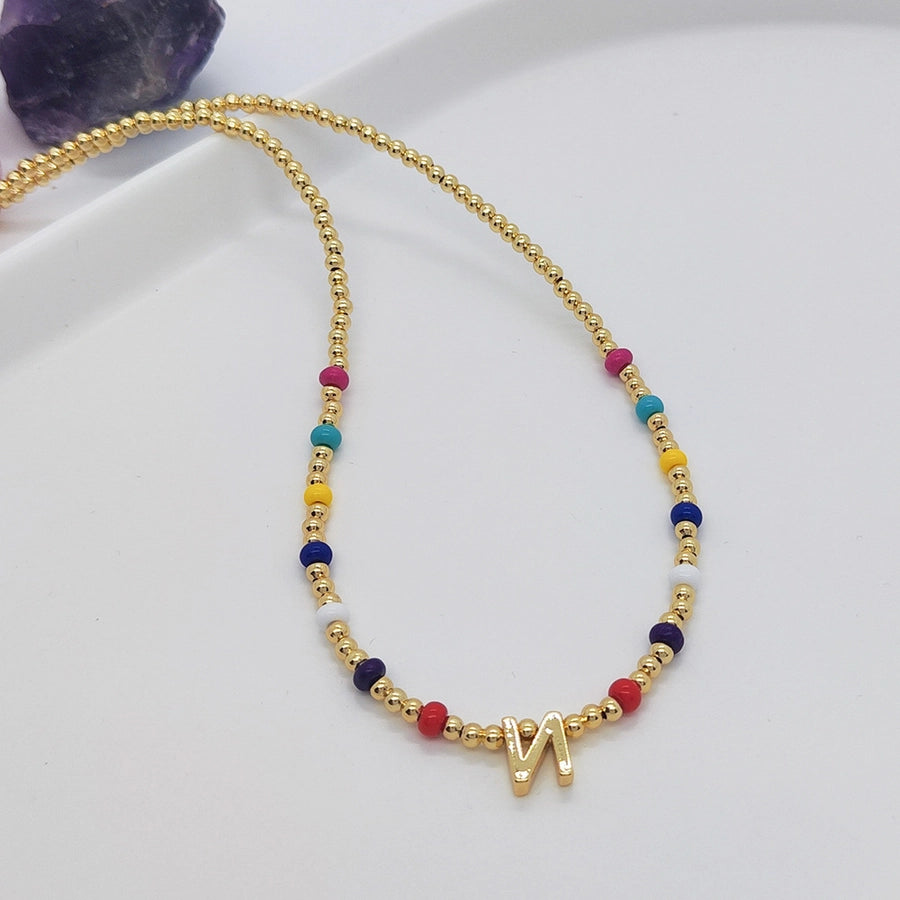 ig style simple style letter glass copper beaded knitting plating 18k gold plated necklace