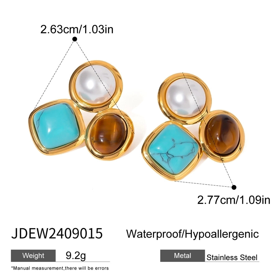 Jewelry Retro Round Square Oval 304 Stainless Steel Imitation Pearl Turquoise Tiger Eye Plating Inlay Rings Earrings