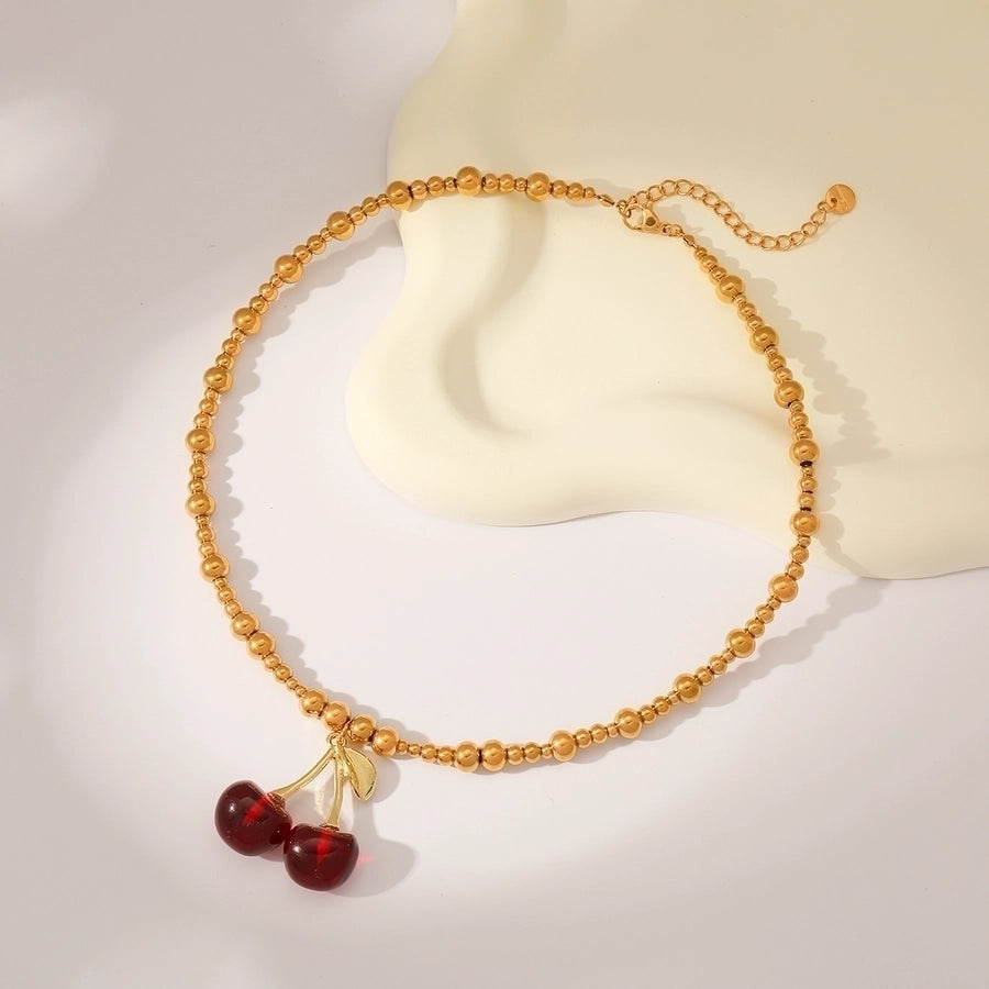 Sweet Simple Style Cherry Solid Color 18K Gold Plated Imitation Pearl 304 Stainless Steel Beaded Chain Beaded Necklaces