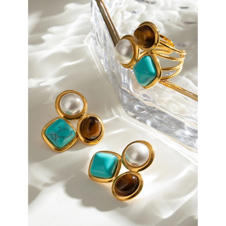 Jewelry Retro Round Square Oval 304 Stainless Steel Imitation Pearl Turquoise Tiger Eye Plating Inlay Rings Earrings