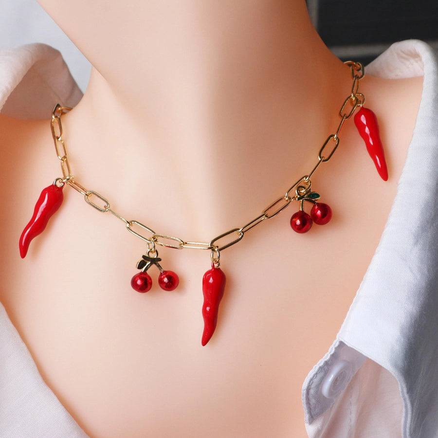 Copper Paperclip Chain ball chain Gold Plated Cherry Pendant Necklace