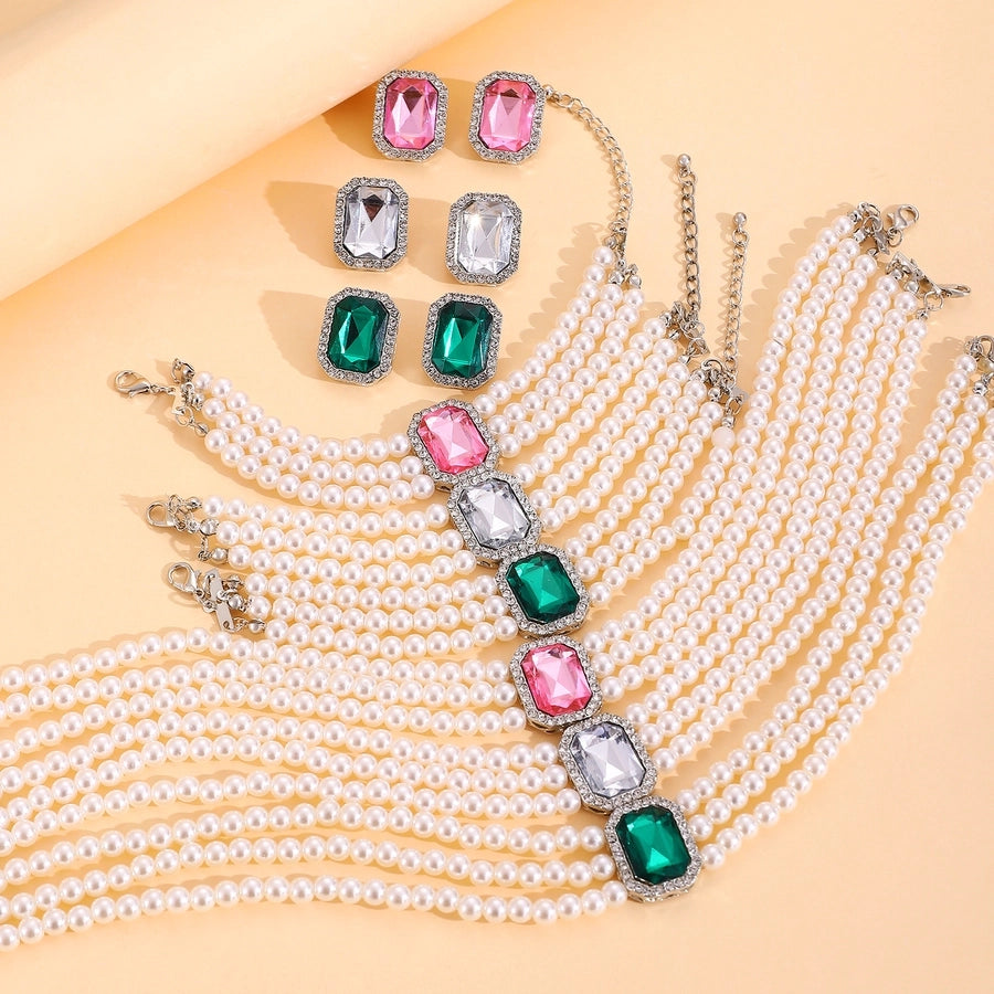 Elegant Geometric Imitation Pearl Alloy Beaded Inlay Crystal Women's Jewelry Set