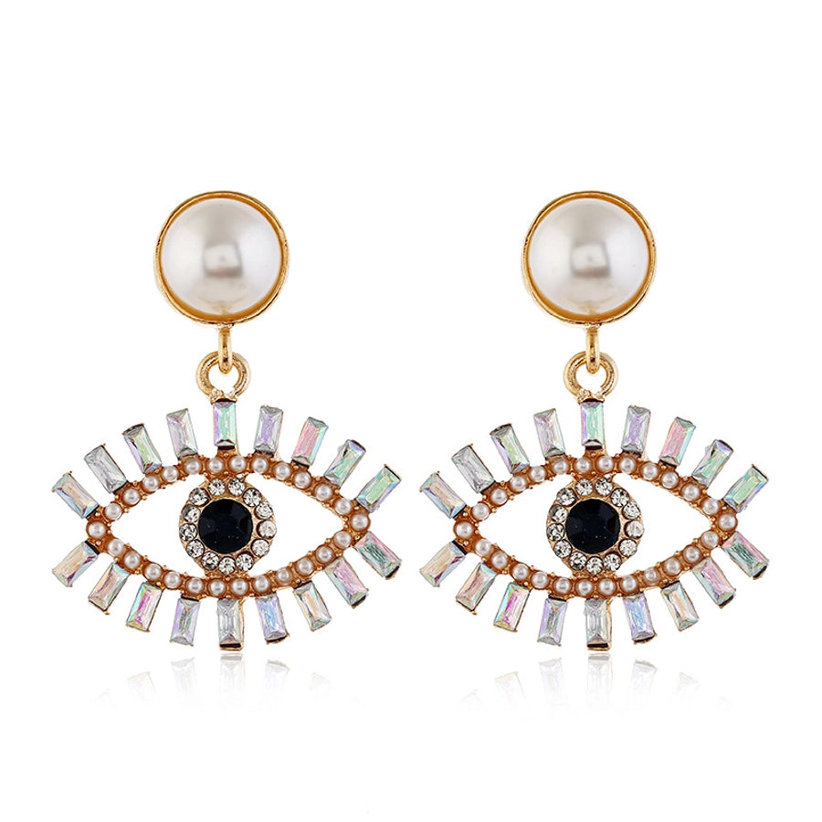 fashion exaggerated devil's eye pearl alloy inlaid colored diamonds earrings