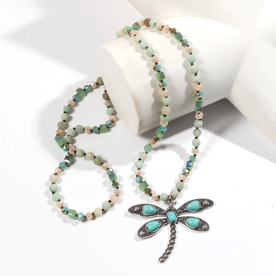 Retro Dragonfly Alloy natural stone Turquoise Beaded Chain Pendant Necklace Sweater Chain In Bulk Natural stone necklace