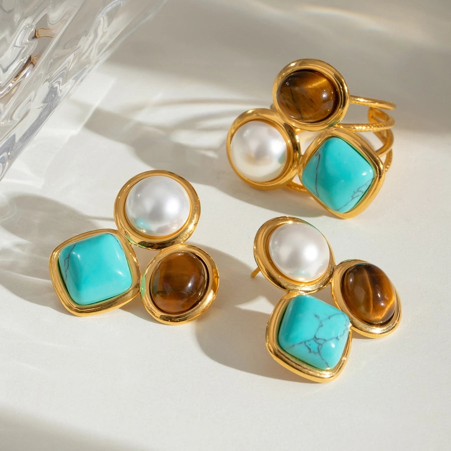 Jewelry Retro Round Square Oval 304 Stainless Steel Imitation Pearl Turquoise Tiger Eye Plating Inlay Rings Earrings