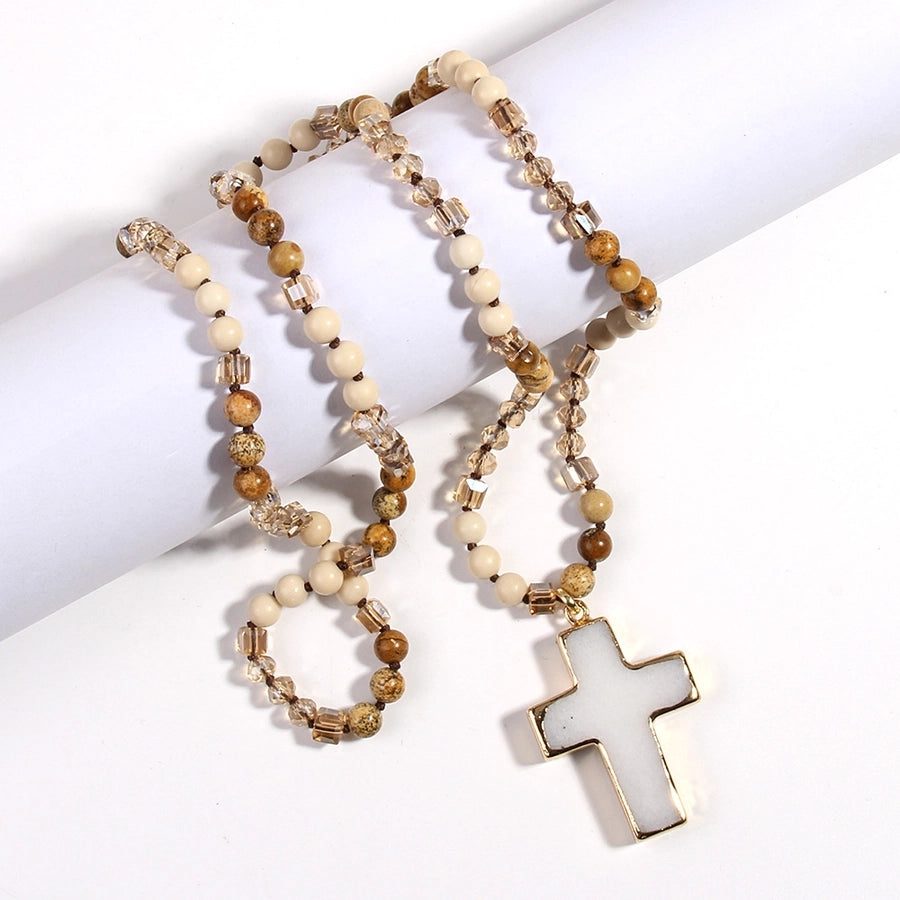 fashion bohemian style necklace natural stone mixed glass cross sweater chain necklace