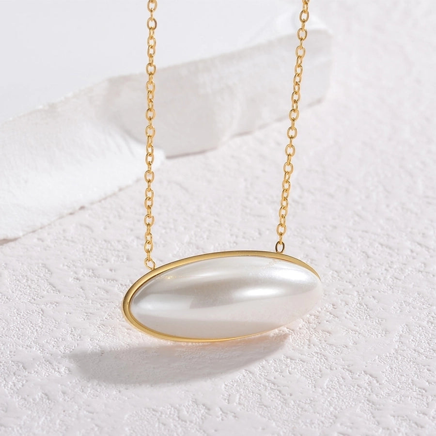 Jewelry Simple Style Oval 304 Stainless Steel Pearl 18K Gold Plated Plating Inlay Pendant Necklace