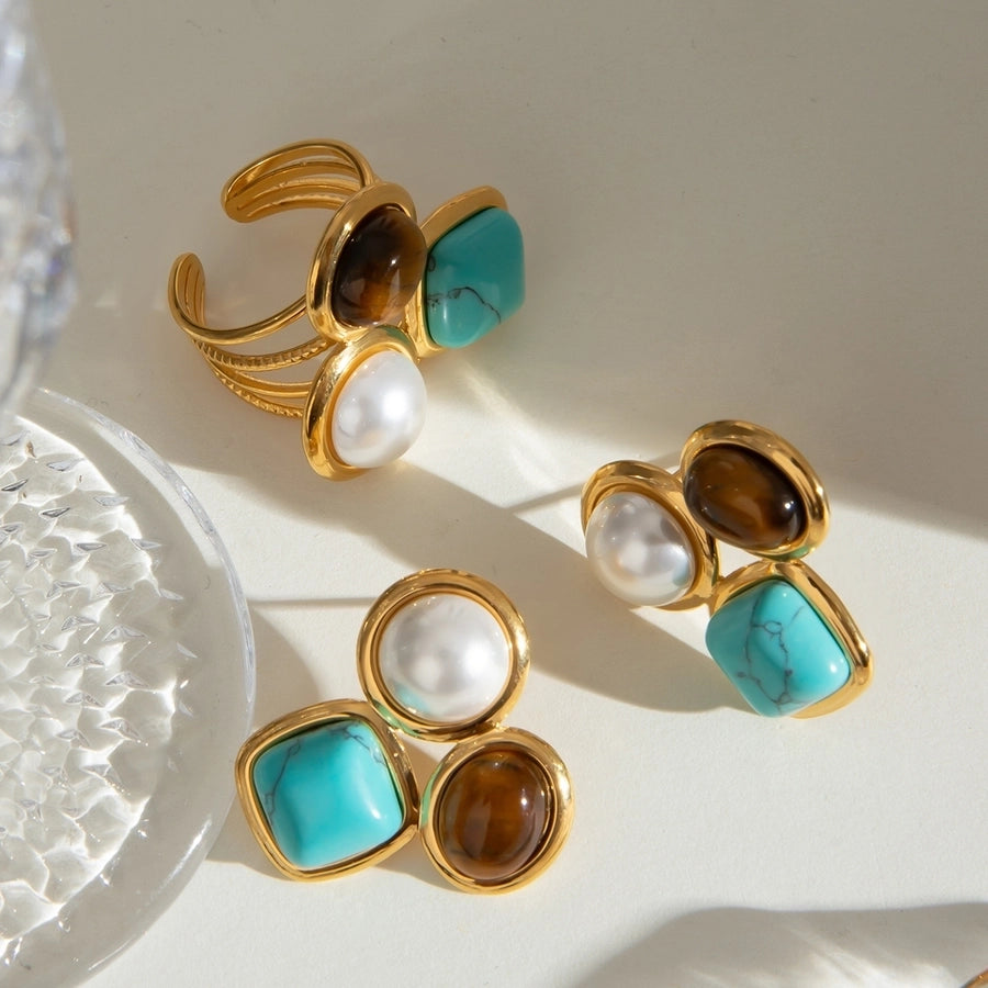 Jewelry Retro Round Square Oval 304 Stainless Steel Imitation Pearl Turquoise Tiger Eye Plating Inlay Rings Earrings