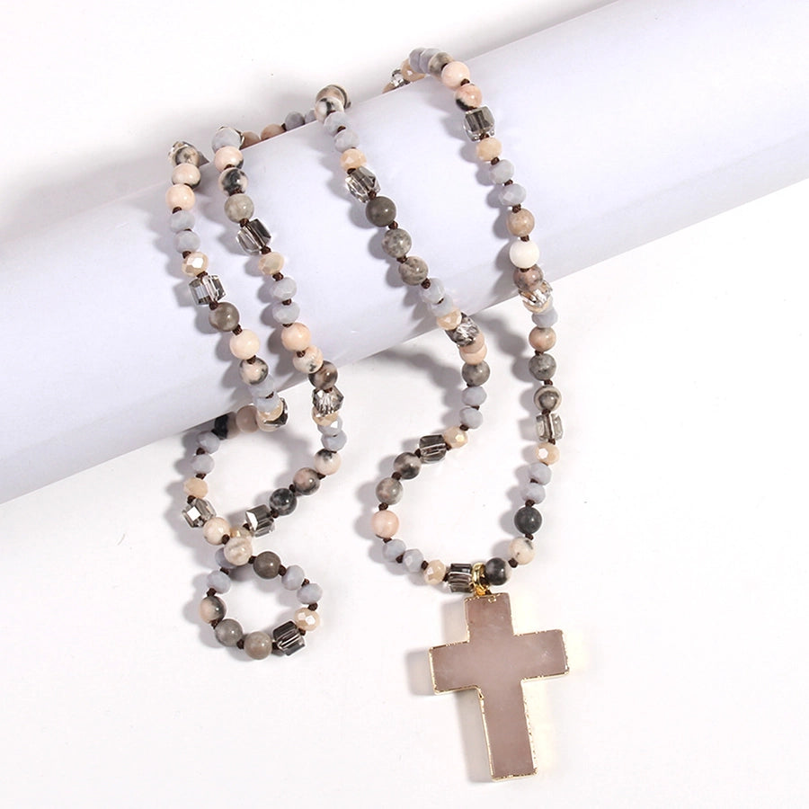 fashion bohemian style necklace natural stone mixed glass cross sweater chain necklace