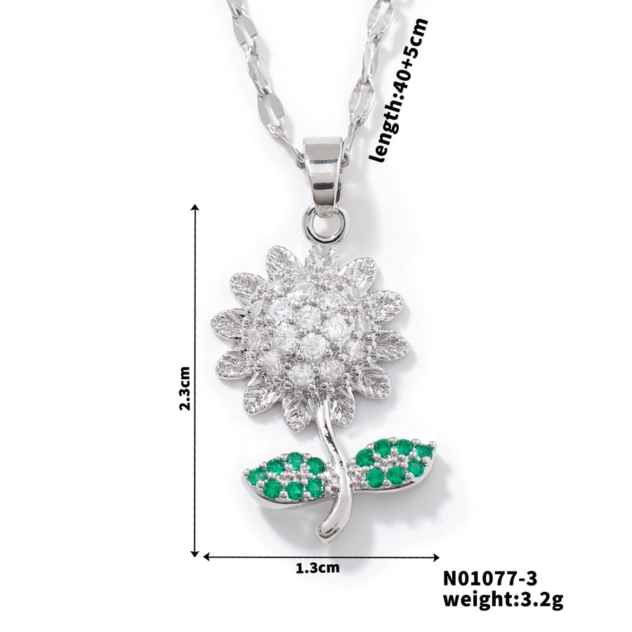 304 Stainless Steel Copper K Gold Plated Rhodium Plated Three-dimensional Inlay Sunflower Zircon Pendant Necklace