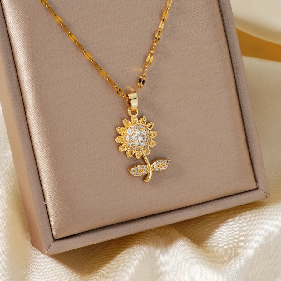 304 Stainless Steel Copper K Gold Plated Rhodium Plated Three-dimensional Inlay Sunflower Zircon Pendant Necklace