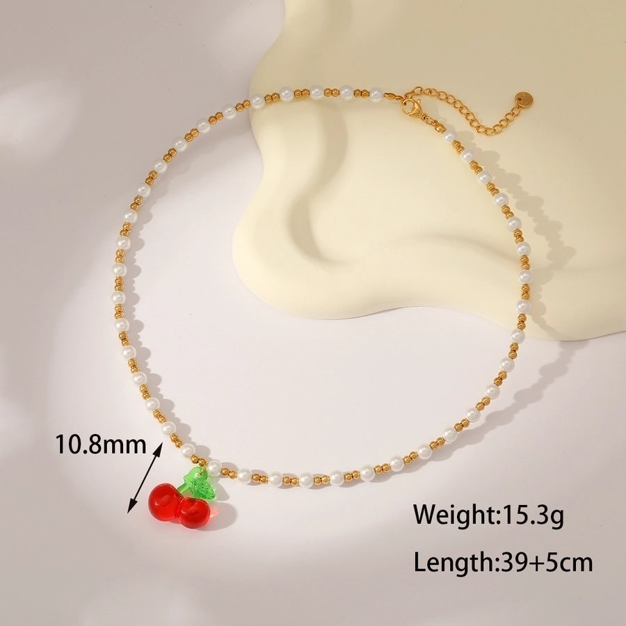 Sweet Simple Style Cherry Solid Color 18K Gold Plated Imitation Pearl 304 Stainless Steel Beaded Chain Beaded Necklaces