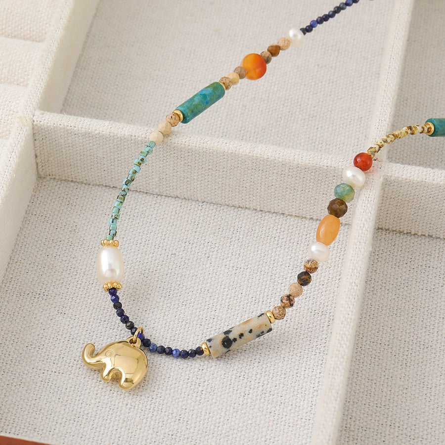 Casual Cute Commute Elephant natural stone Freshwater Pearl Copper Beaded Chain Beaded Necklaces