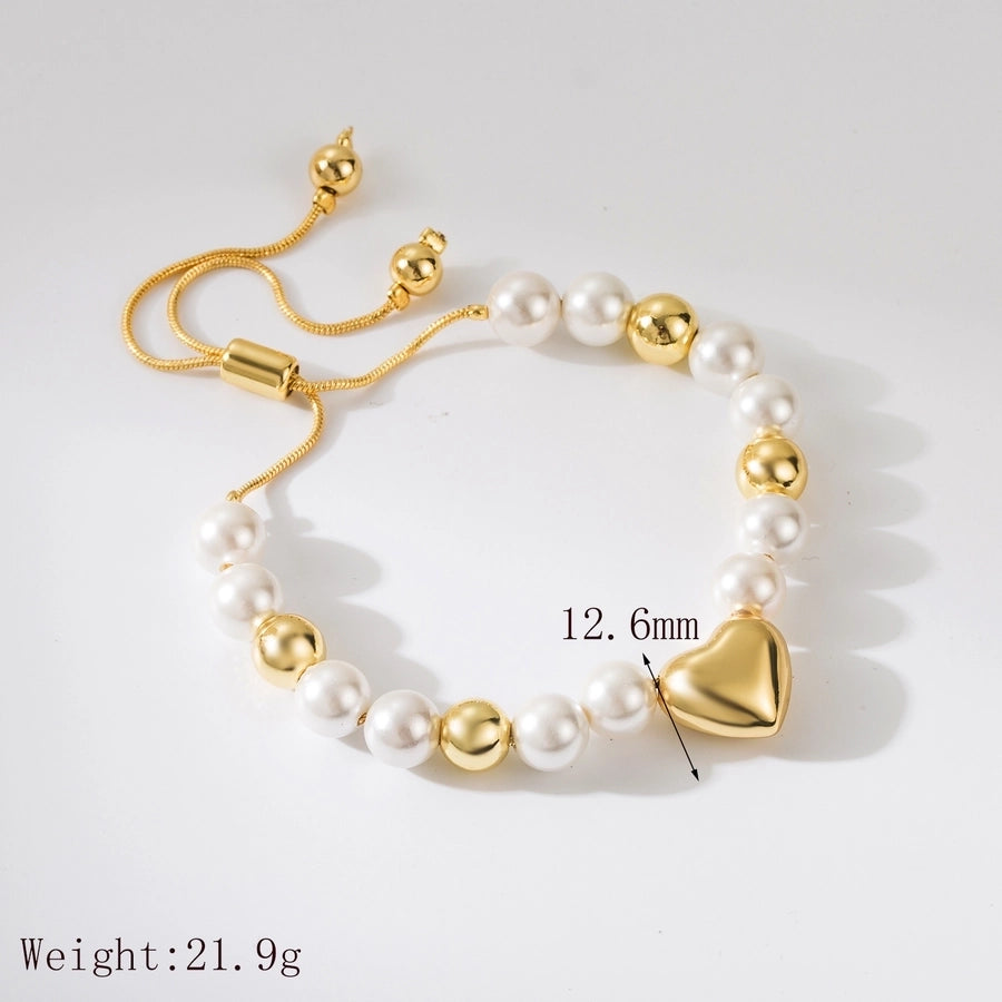 Copper 18K Gold Plated IG Style Simple Style Beaded Heart Shape Bracelets